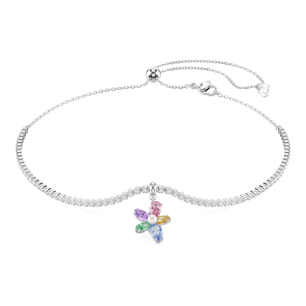 Swarovski Ariana Grande x Swarovski multicolored flower choker with mixed cuts and rhodium plating, detailed close-up image.