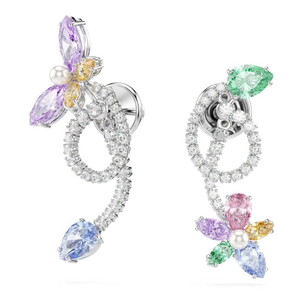 Swarovski Ariana Grande drop earrings with ear jacket, multicolored dragonfly and flower designs, rhodium plated, mixed cuts.