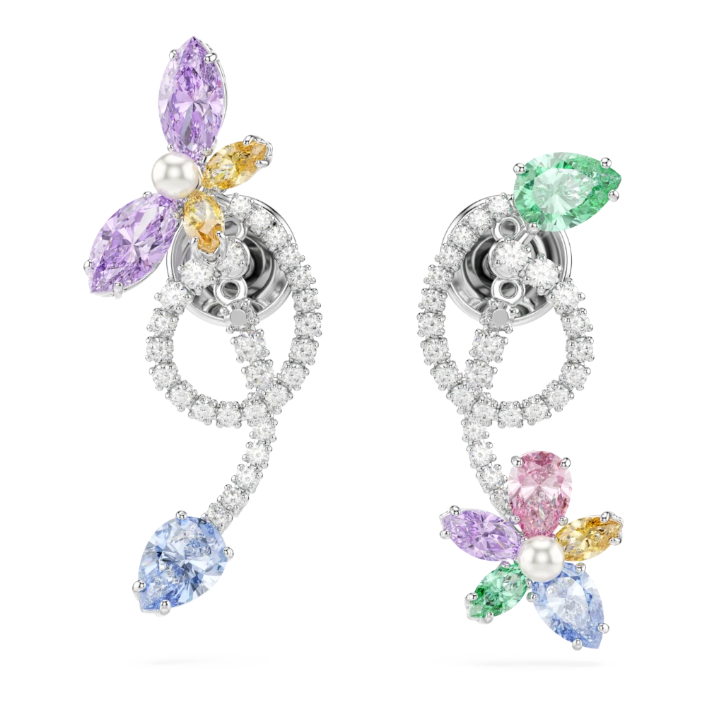 Swarovski Ariana Grande drop earrings with ear jacket, multicolored dragonfly and flower designs, rhodium plated, mixed cuts.