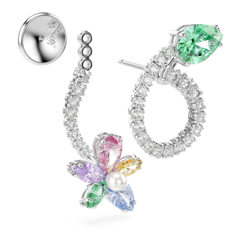 Swarovski Ariana Grande drop earrings with ear jacket, dragonfly and flower motifs, multicolored crystals, rhodium plated.