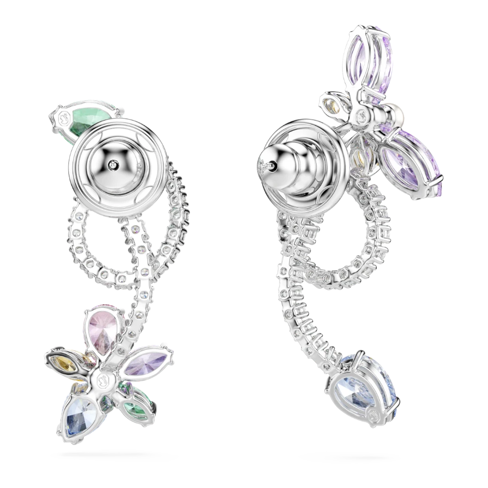 Swarovski Ariana Grande drop earrings with ear jacket, mixed cuts, dragonfly and flower designs, multicolored, rhodium plated.