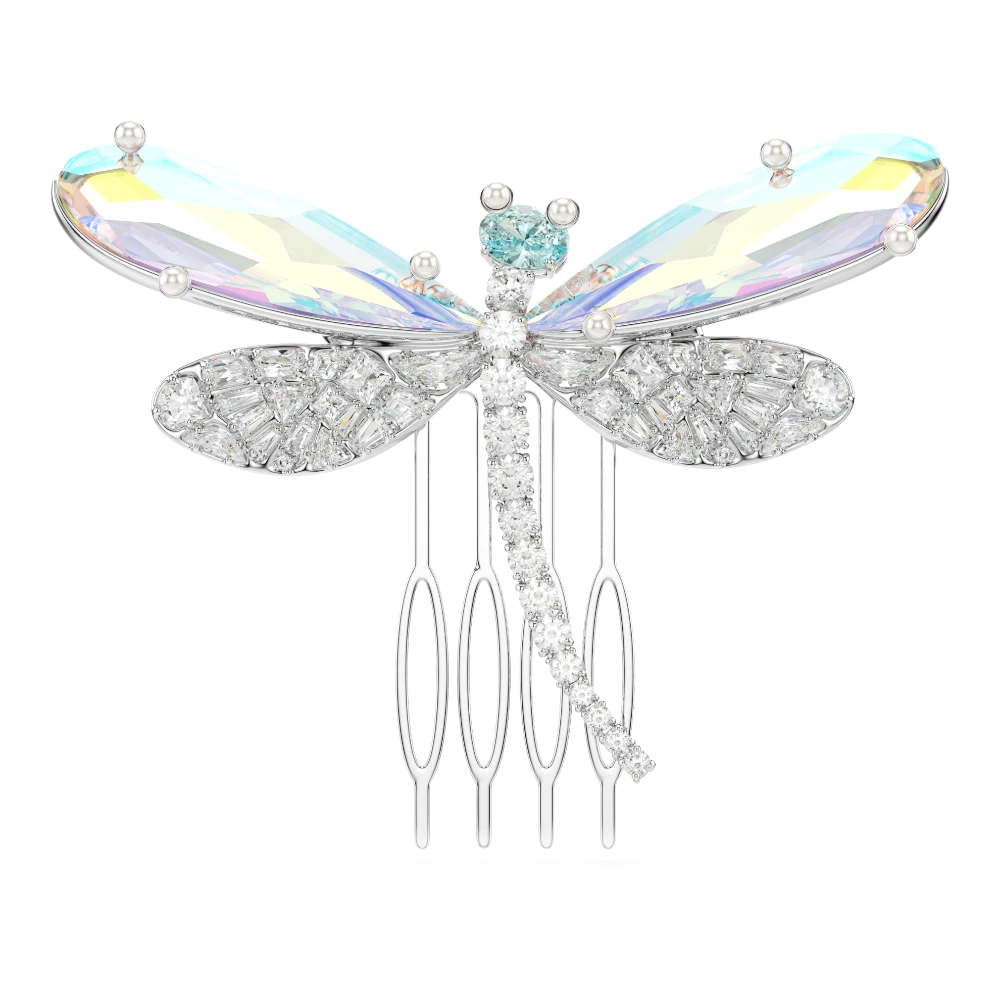 Swarovski Ariana Grande dragonfly brooch and hair accessory with mixed green crystal cuts, rhodium plated, detailed floral design