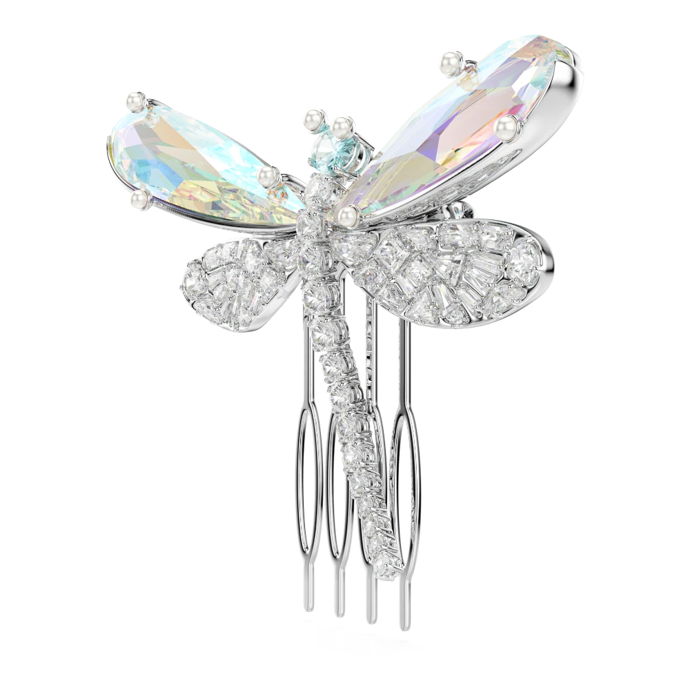 Swarovski Ariana Grande dragonfly brooch and hair accessory with green crystals, mixed cuts, rhodium plated, detailed jewelry piece