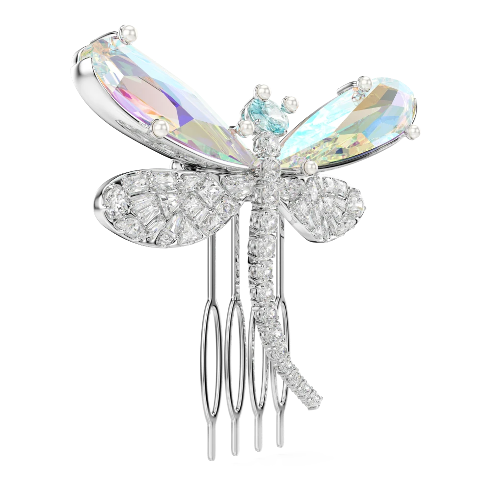 Swarovski Ariana Grande dragonfly brooch and hair accessory with green mixed-cut crystals and rhodium plating.