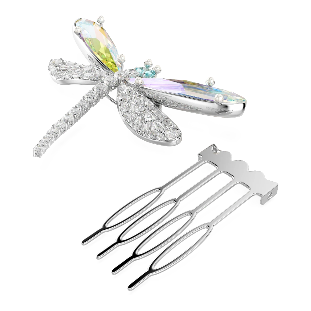 Swarovski Ariana Grande dragonfly brooch and hair accessory with green mixed cuts, rhodium plating, and intricate crystal detailing.