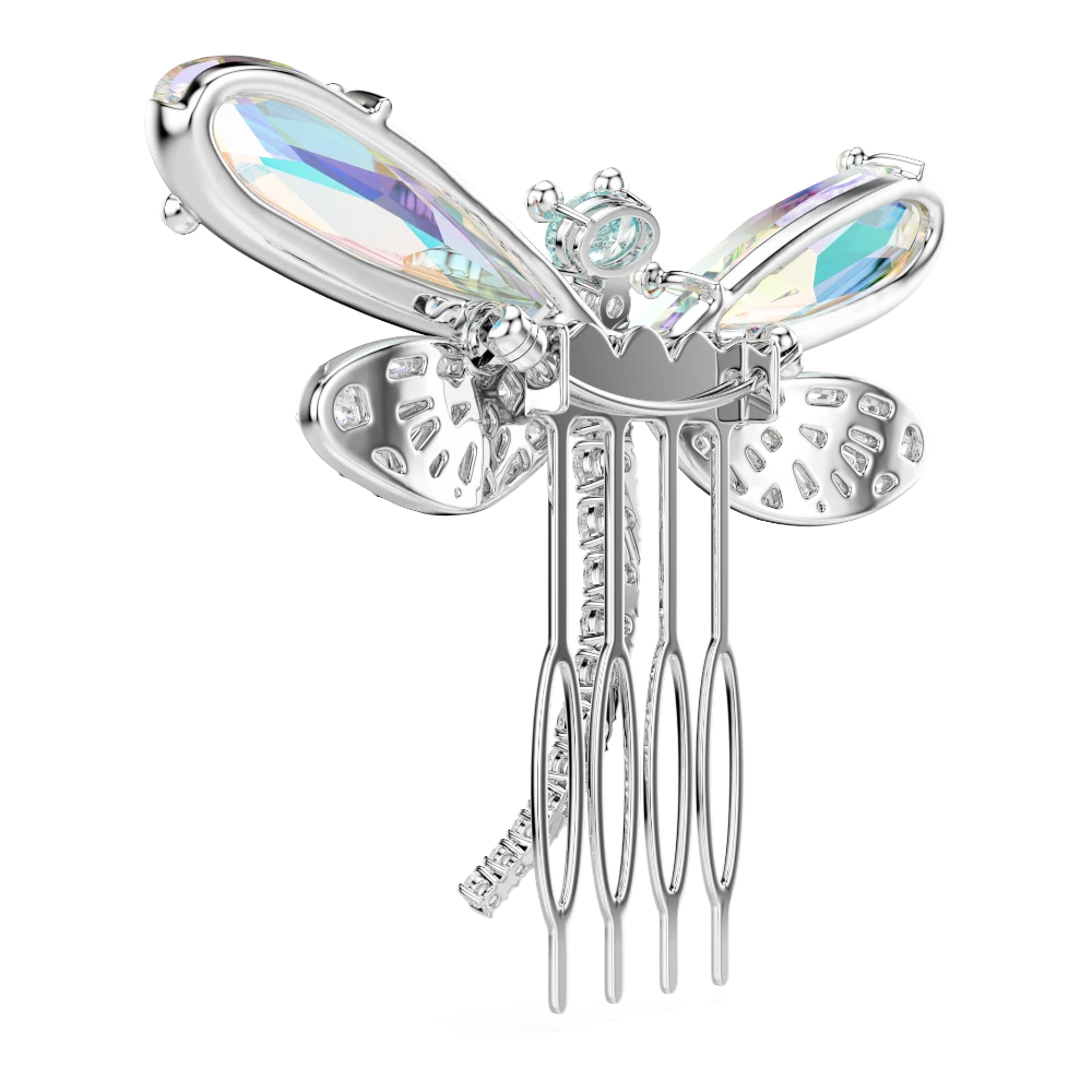 Swarovski Ariana Grande dragonfly brooch and hair accessory with green mixed cuts and rhodium plating, detailed jewelry piece.