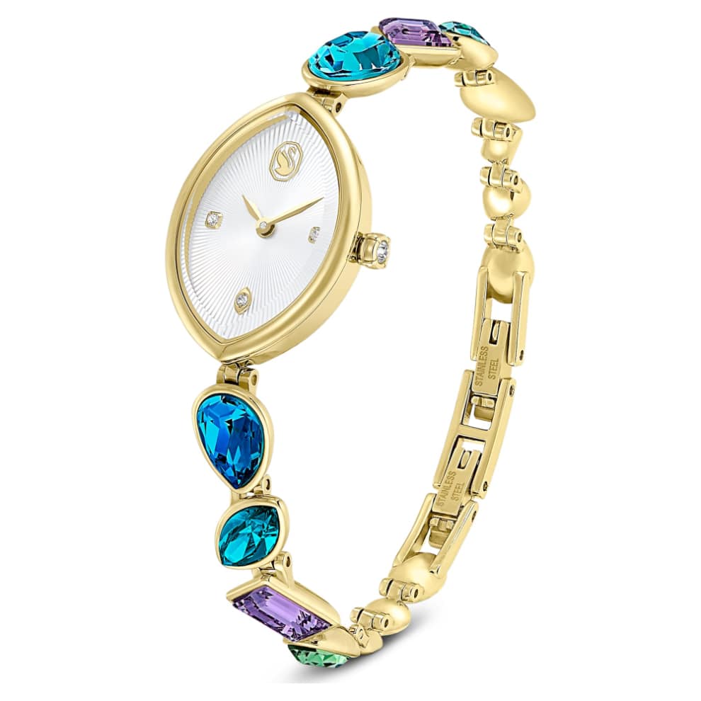 Swarovski Gema watch with gold-tone finish and crystal bracelet, showcasing elegant jewelry design and sparkling accents.