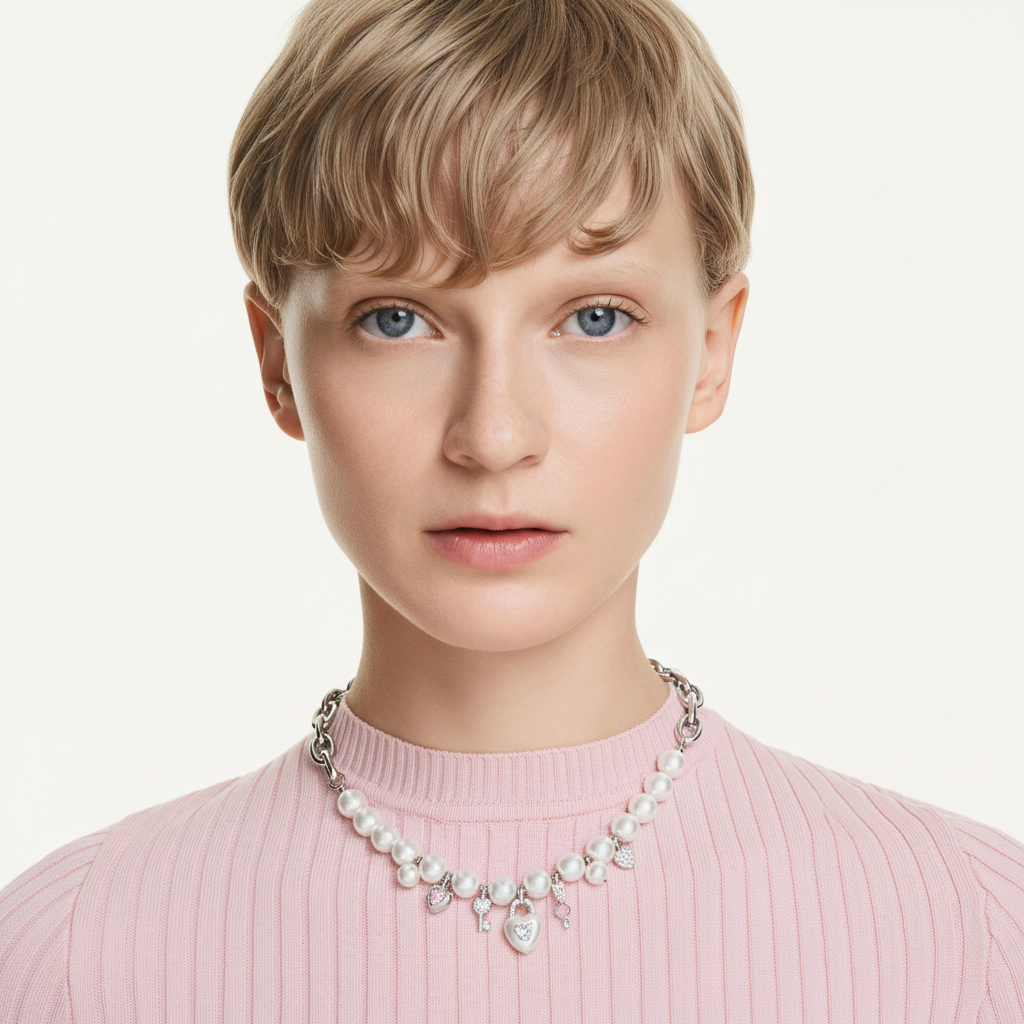 Swarovski Idyllia necklace with white crystal pearls and mixed cuts, rhodium-plated, elegant jewelry with sparkling details.