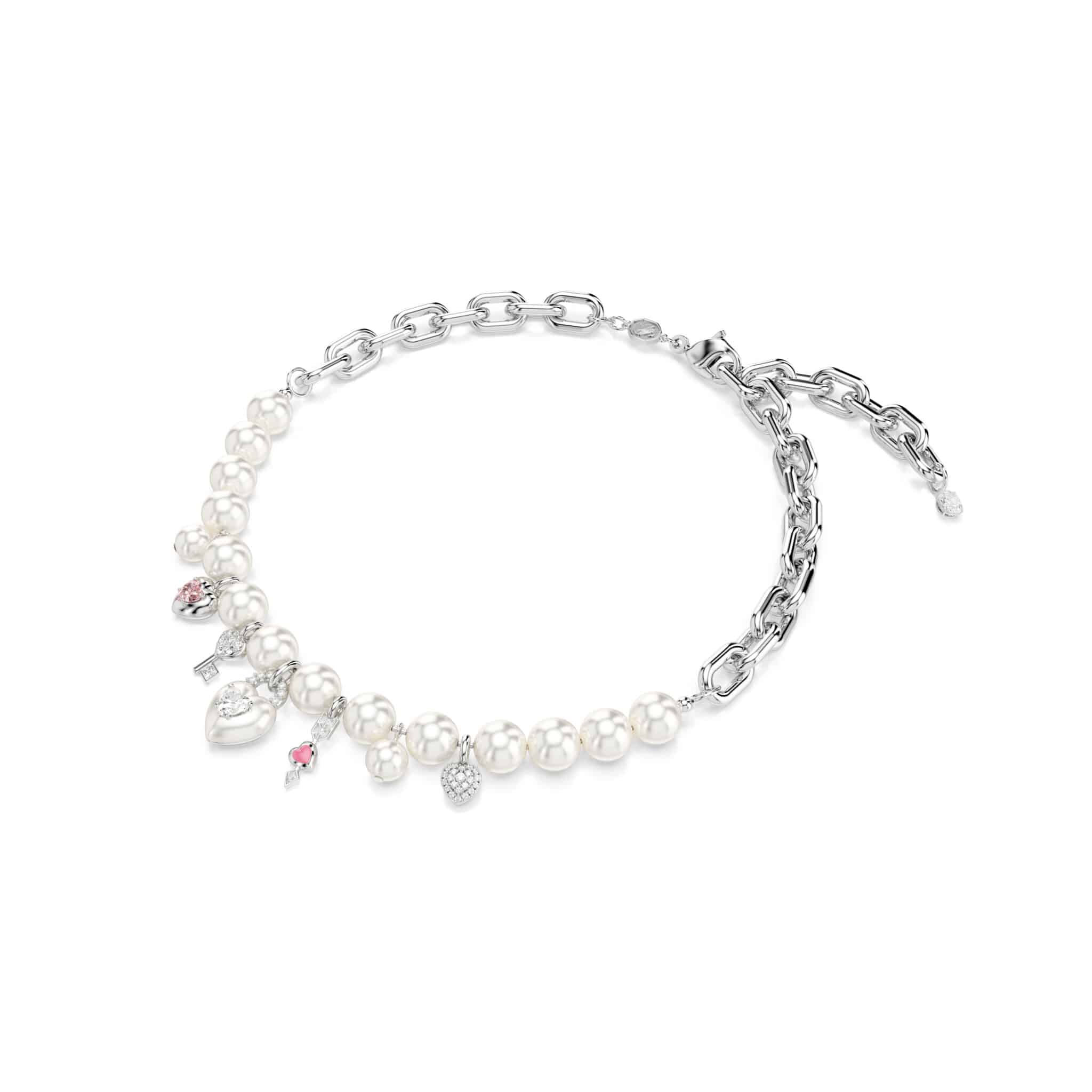 Swarovski Idyllia necklace with white crystal pearls and mixed cuts, rhodium-plated, elegant jewelry piece.