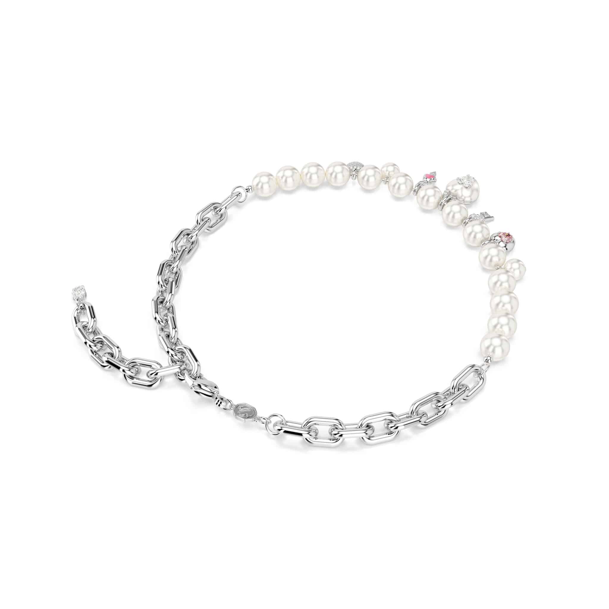Swarovski Idyllia necklace with white crystal pearls and mixed cuts, rhodium plated, elegant jewelry accessory.