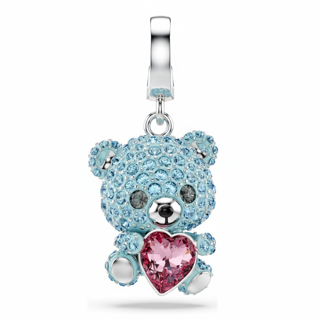 Swarovski Idyllia Teddy charm with mixed cuts in blue, rhodium plated, featuring detailed Teddy bear design for jewelry.