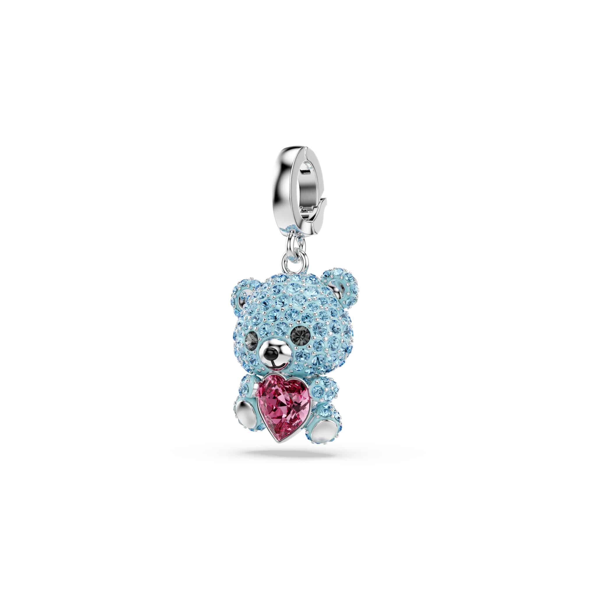 Swarovski Idyllia Teddy charm with mixed cuts in blue, rhodium plated, showcasing detailed craftsmanship and sparkling crystal design.