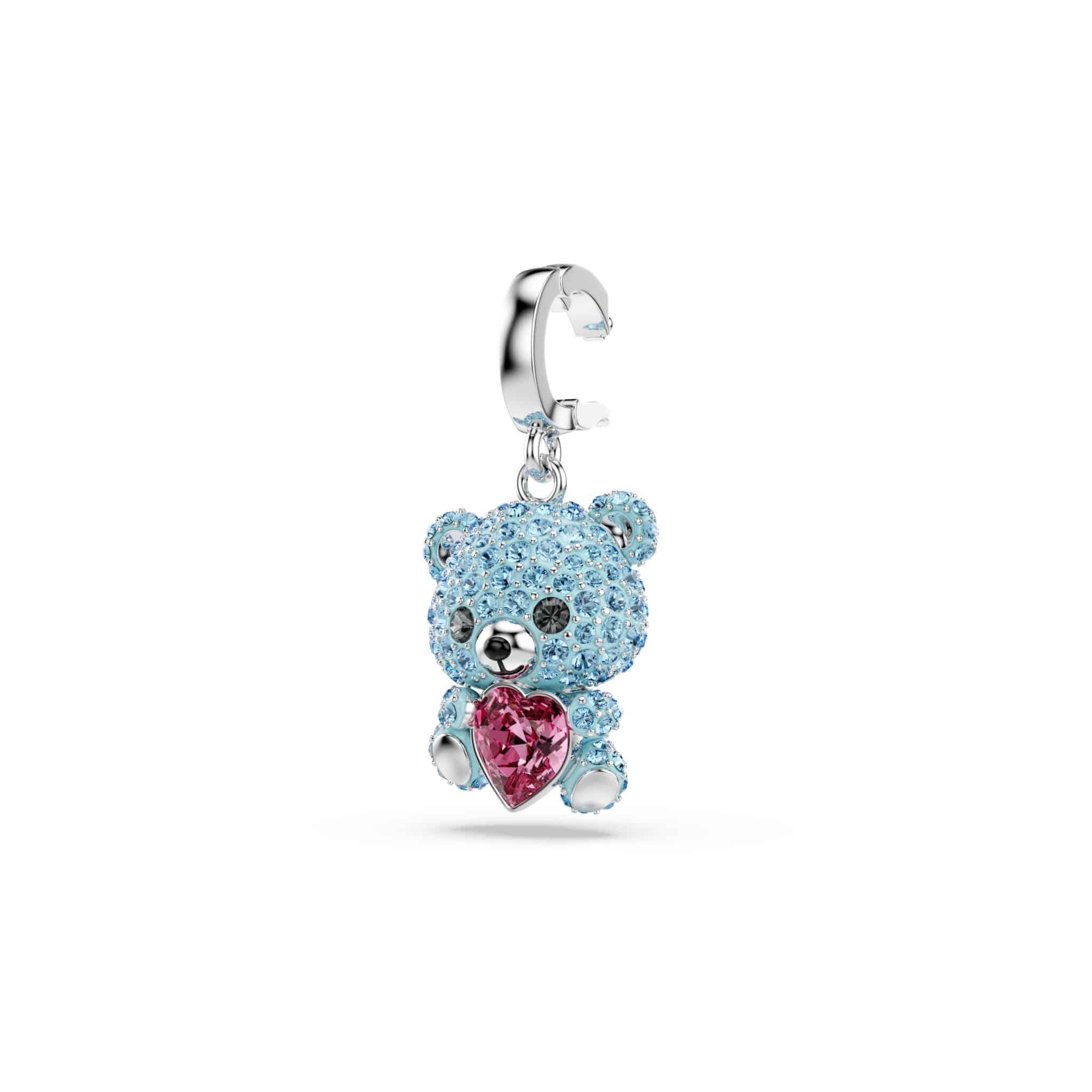 Swarovski Idyllia Teddy charm with mixed cuts in blue, rhodium-plated, featuring detailed craftsmanship and sparkling crystal accents.