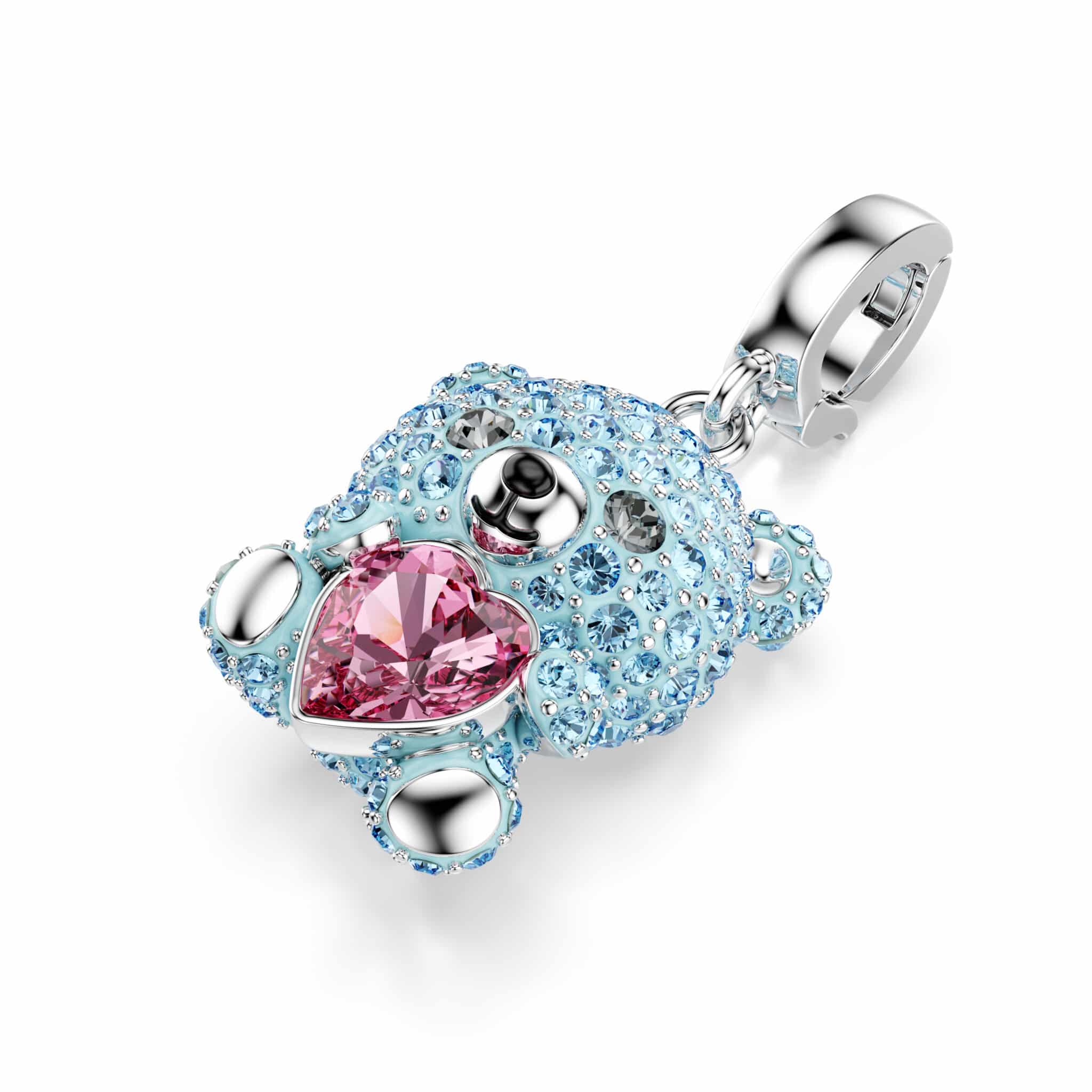 Swarovski Idyllia Teddy charm with mixed cuts in blue, rhodium plated, featuring detailed teddy bear design, ideal for bracelets.