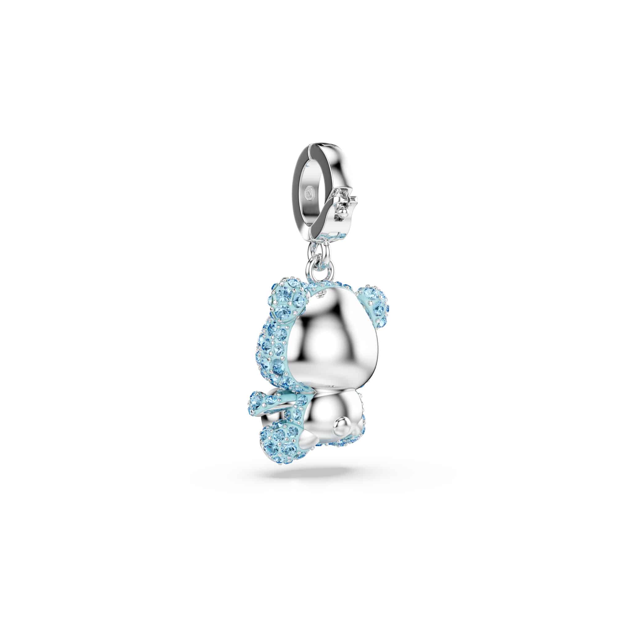 Swarovski Idyllia Teddy charm with mixed cuts in blue, rhodium plated, featuring detailed teddy bear design.