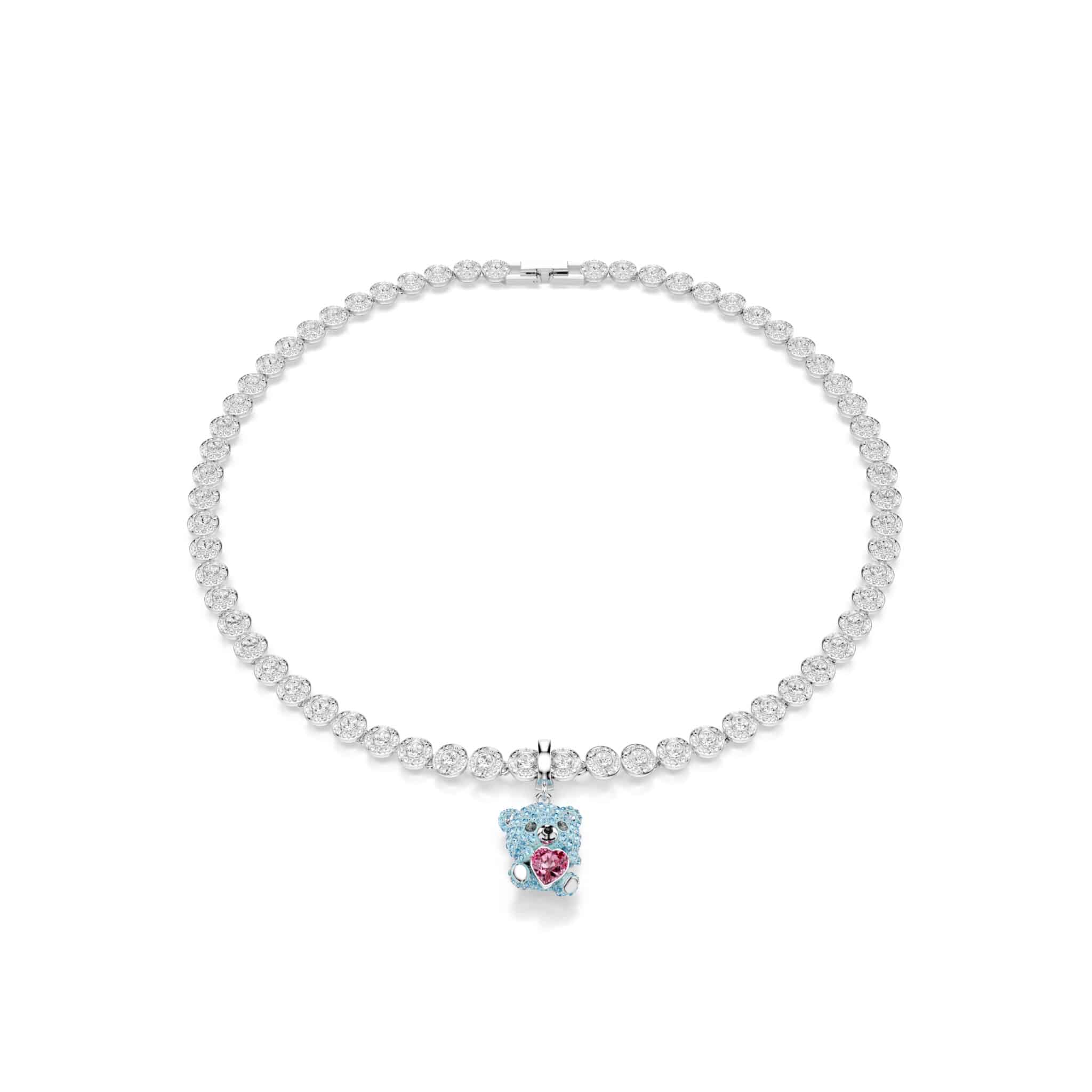 Swarovski Idyllia Teddy charm with mixed cuts in blue, rhodium plated, featuring detailed craftsmanship and sparkling crystal accents.