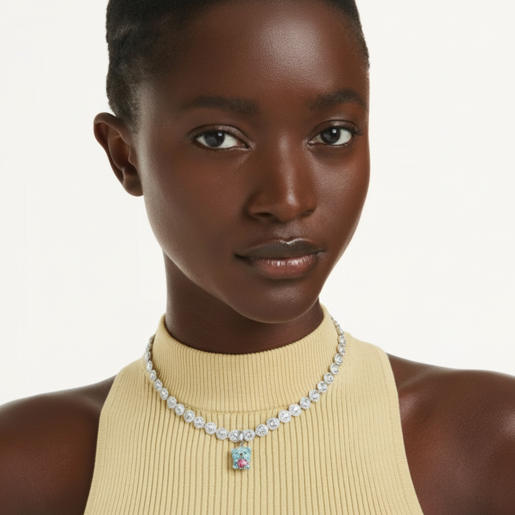 Swarovski Idyllia Teddy charm with mixed cuts, blue crystal, rhodium plating, featuring a detailed teddy bear design.