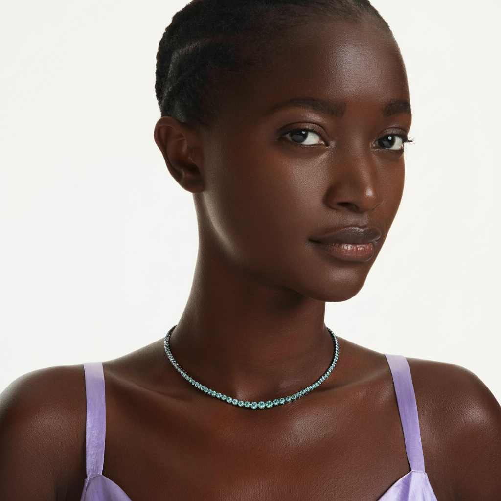 Swarovski Matrix Necklace with multicolored round-cut crystals and ruthenium plating, featuring a gradient design and elegant chain.