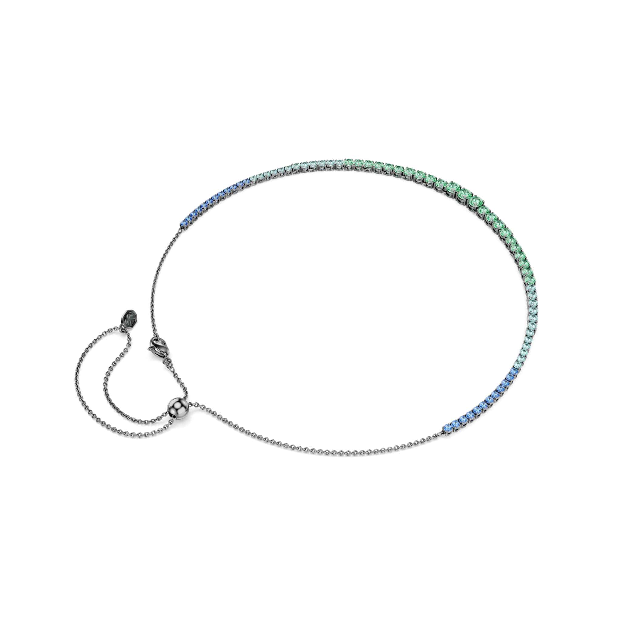 Swarovski Matrix Necklace with multicolored round-cut crystals and ruthenium plating, showcasing a gradient design.