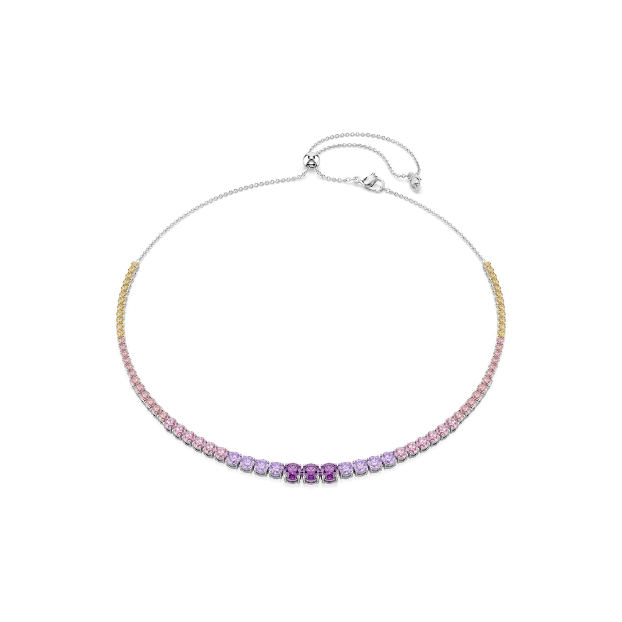 Swarovski Matrix necklace with multicolored gradient round-cut crystals and rhodium plating, elegant jewelry accessory.