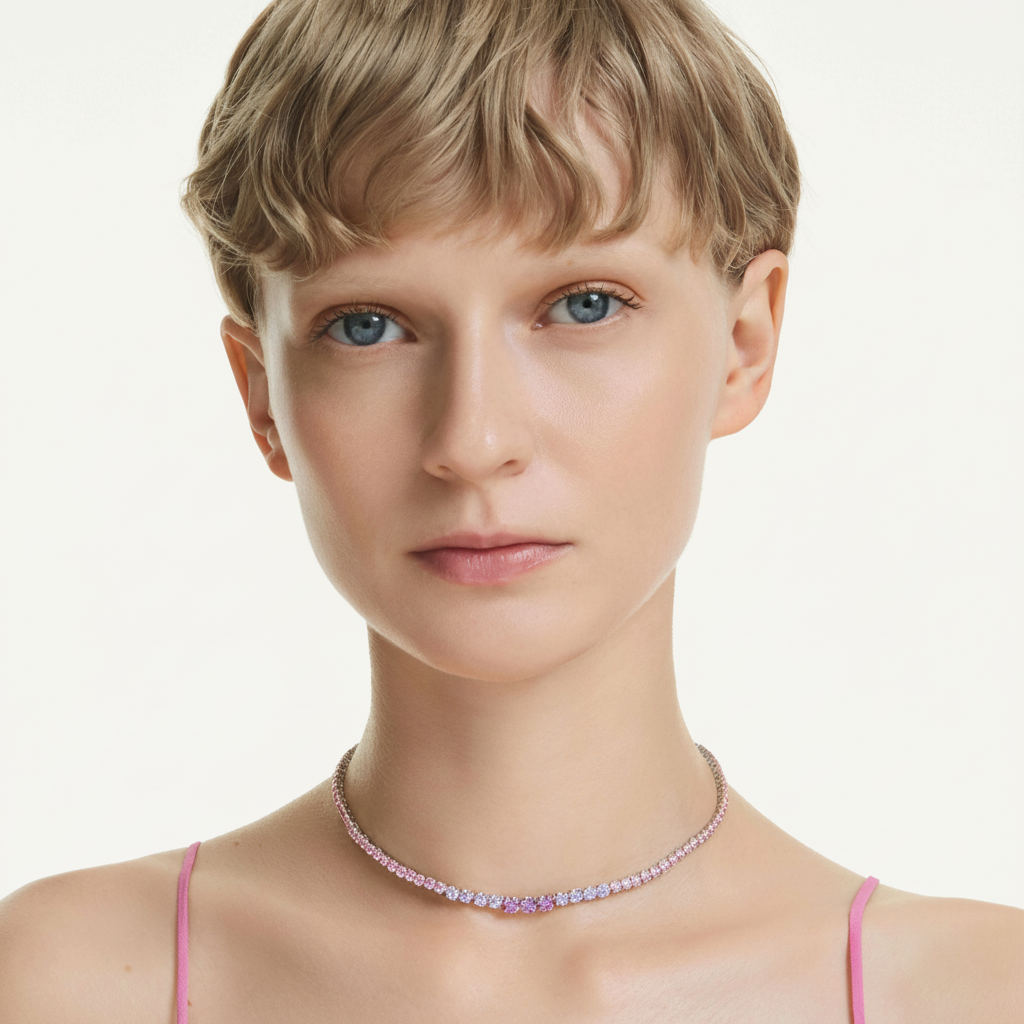 Swarovski Matrix Necklace with multicolored gradient round-cut crystals and rhodium plating, elegant jewelry accessory.