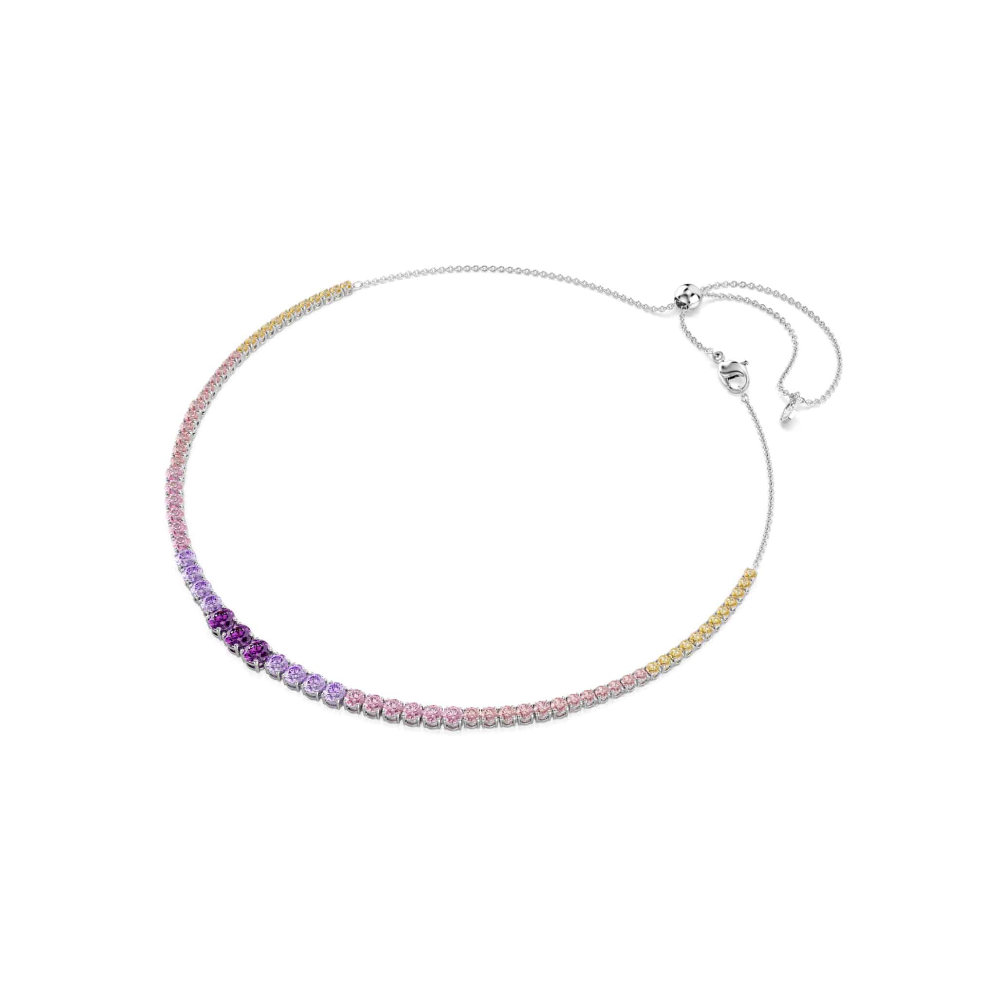 Swarovski Matrix Necklace with multicolored round cut crystals, rhodium plated, showcasing a gradient design and sparkling elegance.