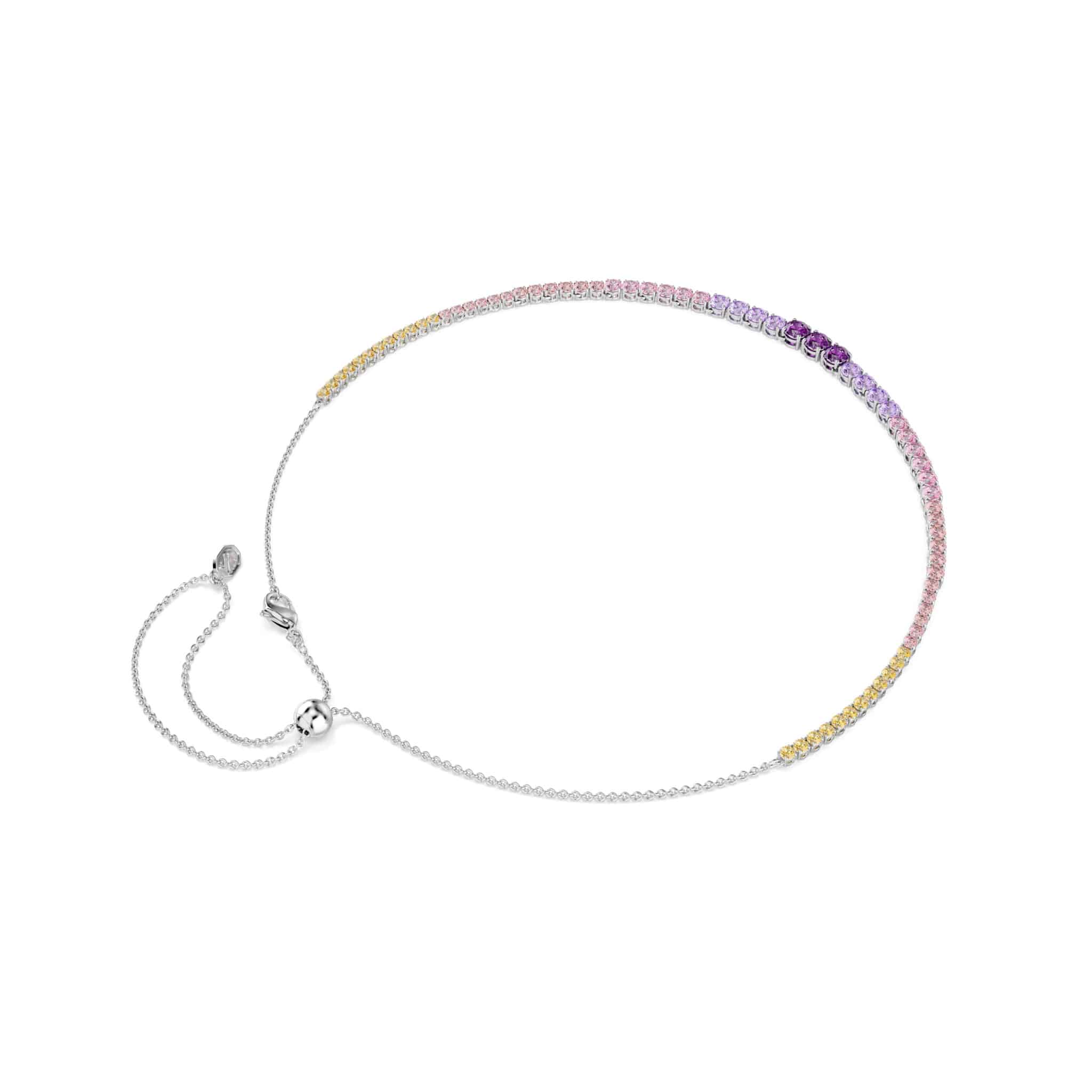 Swarovski Matrix Necklace with multicolored round-cut crystals in a gradient design, rhodium-plated for a sleek finish.