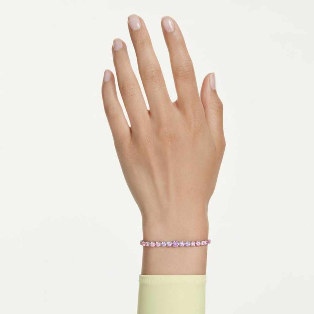 Swarovski Matrix tennis bracelet with multicolored gradient round-cut crystals and rhodium plating, elegant jewelry accessory.