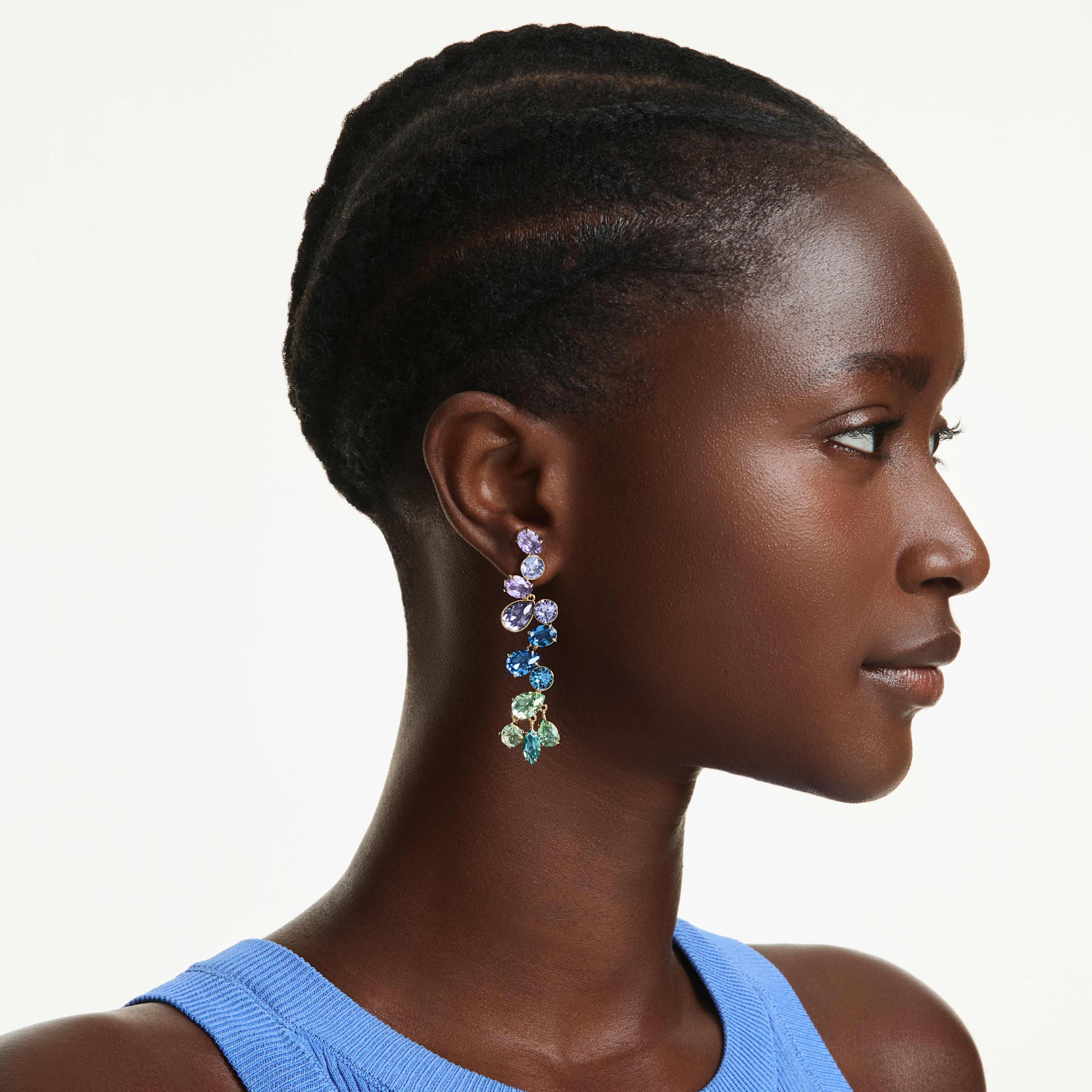 Swarovski Gema Drop Earrings with mixed cuts, chandelier style, multicolored stones, gold-tone plating, long and elegant.