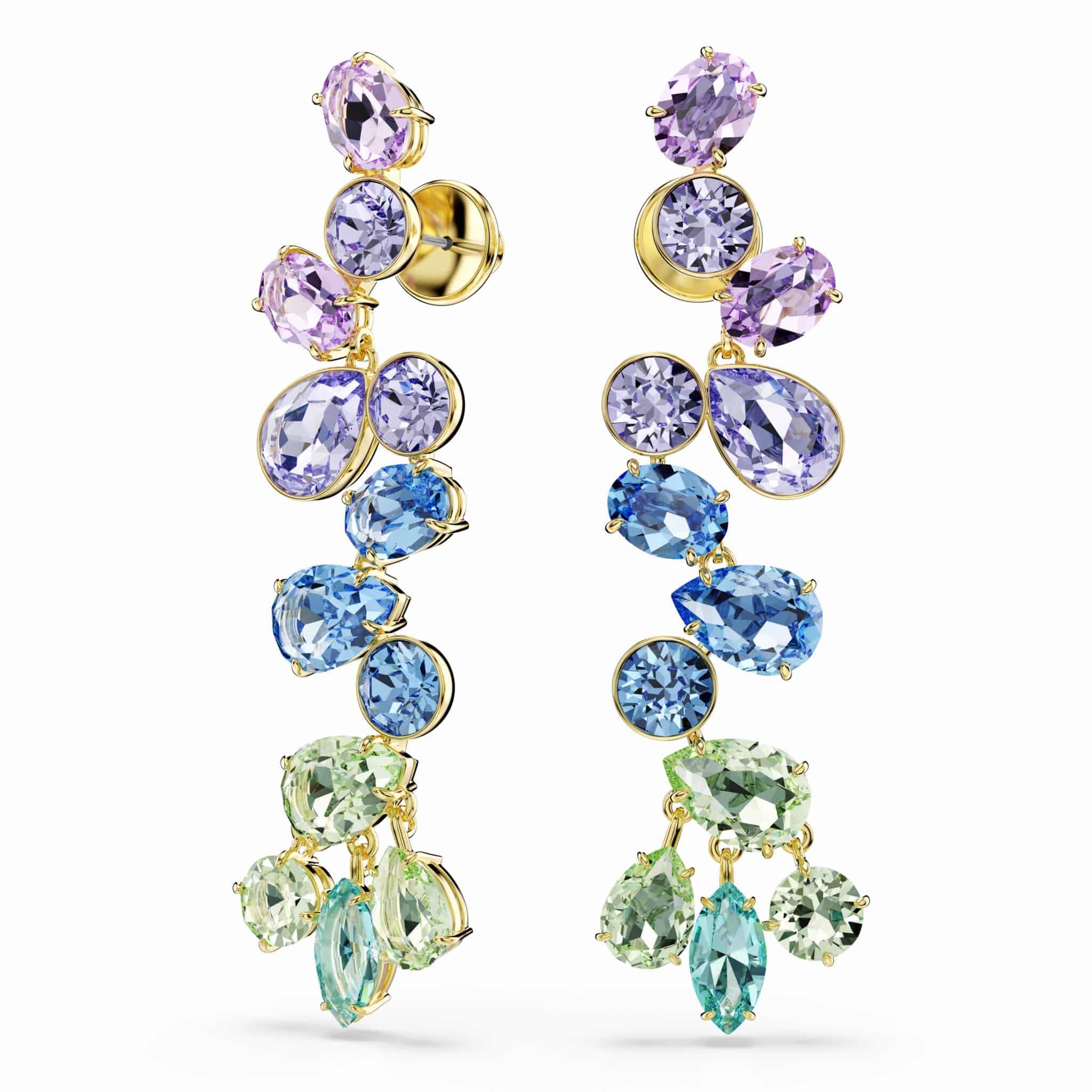 Swarovski Gema Drop Earrings with mixed cuts, chandelier style, long multicolored gemstones, gold-tone plated jewelry.