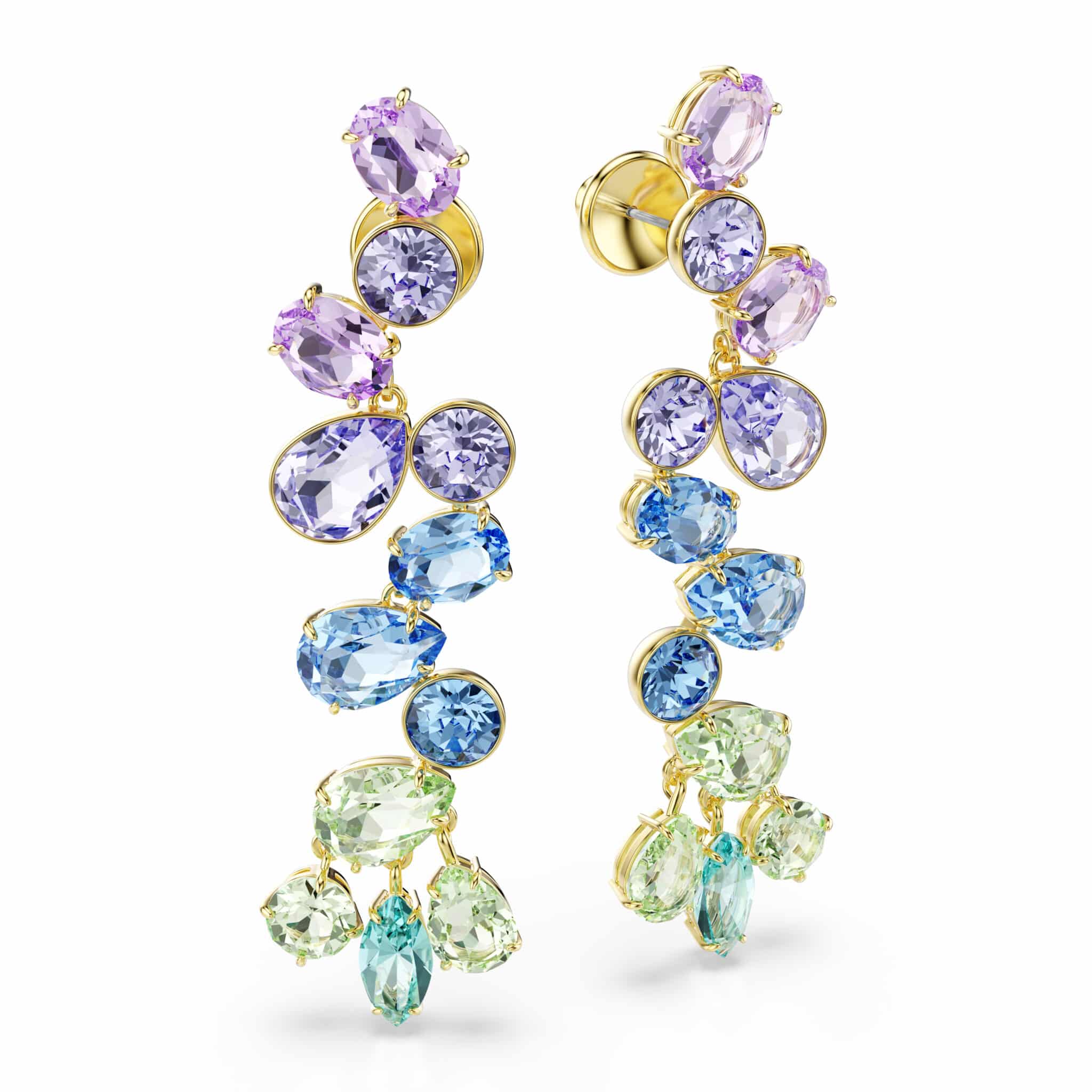 Swarovski Gema Drop Earrings with mixed cuts, chandelier style, long multicolored crystals, gold-tone plated jewelry