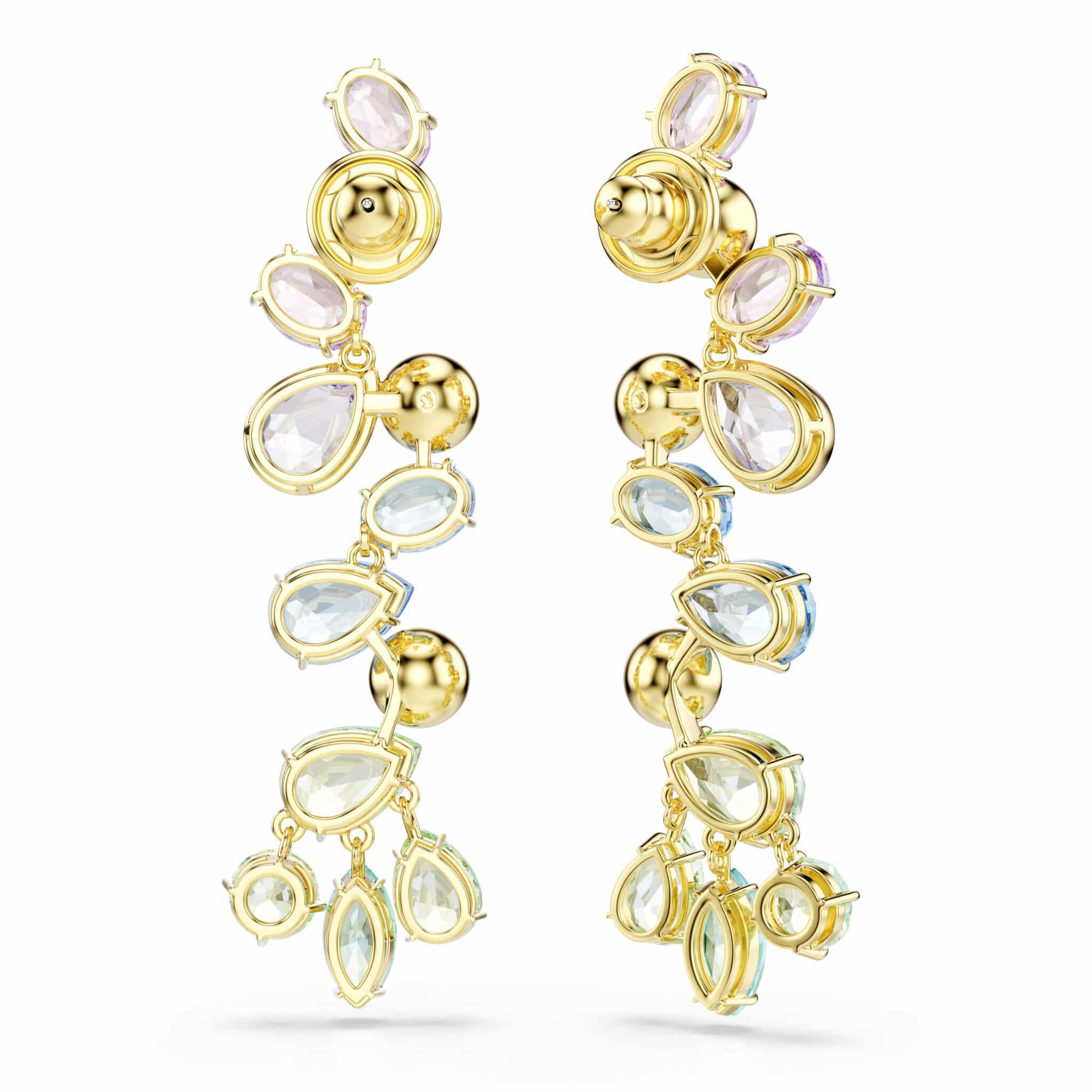 Swarovski Gema Drop Earrings with mixed cuts, chandelier style, multicolored crystals, gold-tone plating, long and elegant.