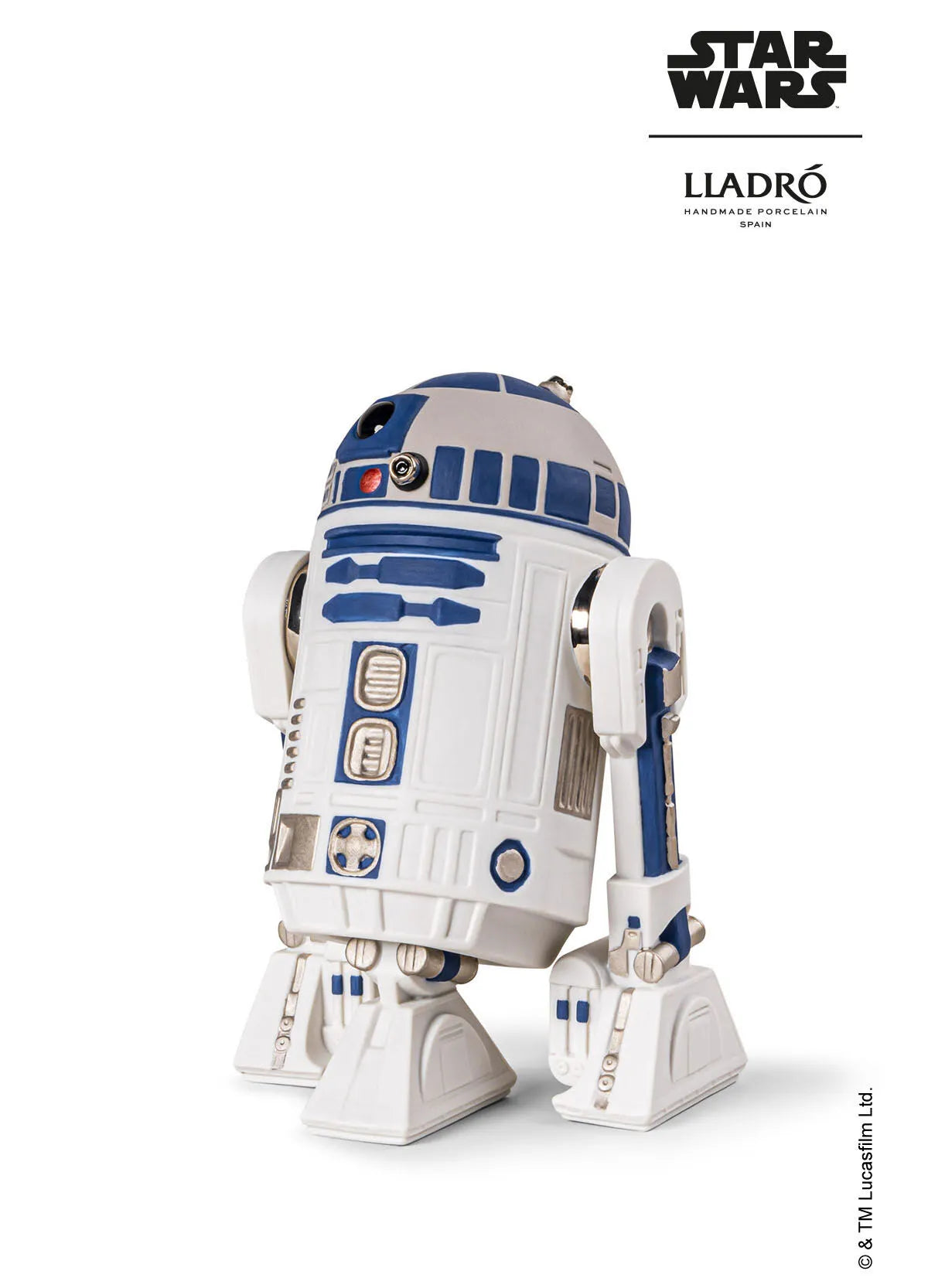 Lladro R2D2™ sculpture featuring a detailed ceramic replica of the iconic Star Wars droid with a smooth white finish.