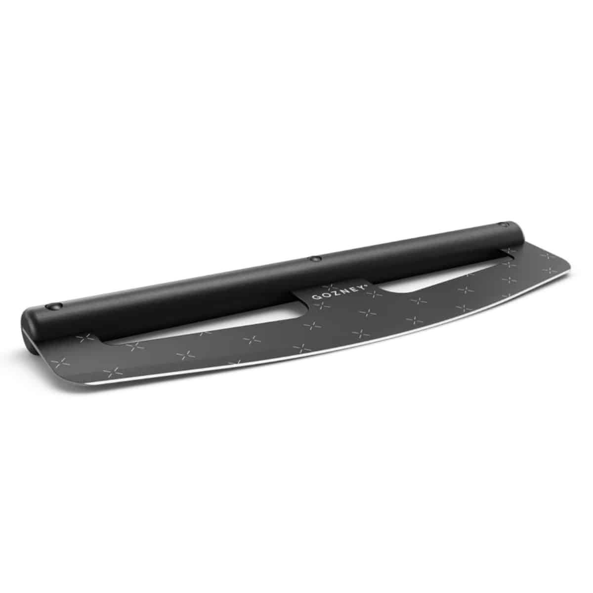 Gozney Pizza Rocker knife with a curved blade for slicing pizzas, shown on a wooden surface.