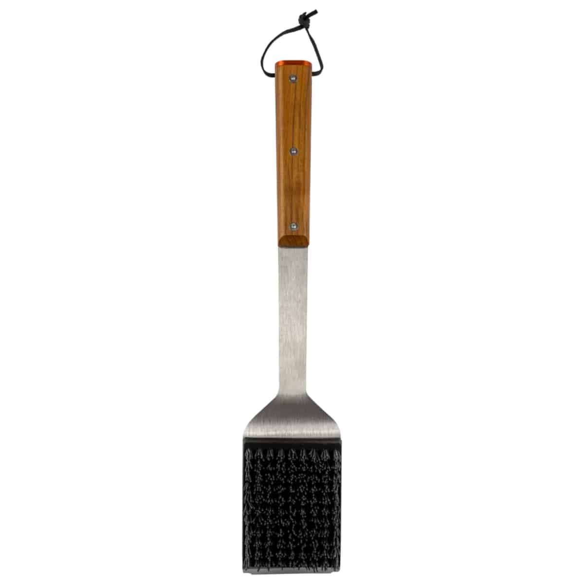 Traeger BBQ cleaning brush with sturdy bristles and wooden handle for grilling and barbecue grill maintenance.