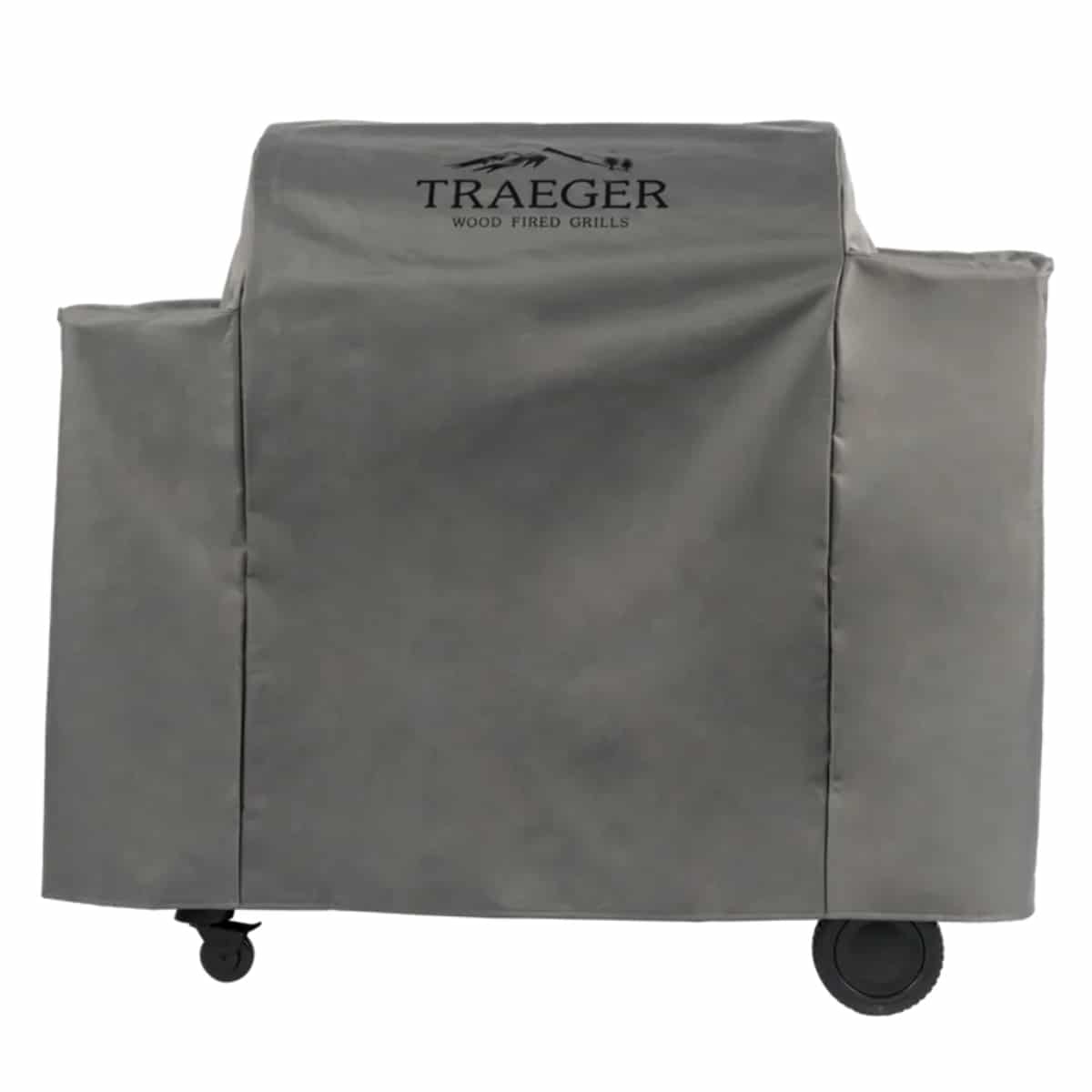 Traeger Ironwood 885 full-length grill cover protecting a barbecue grill from outdoor elements.