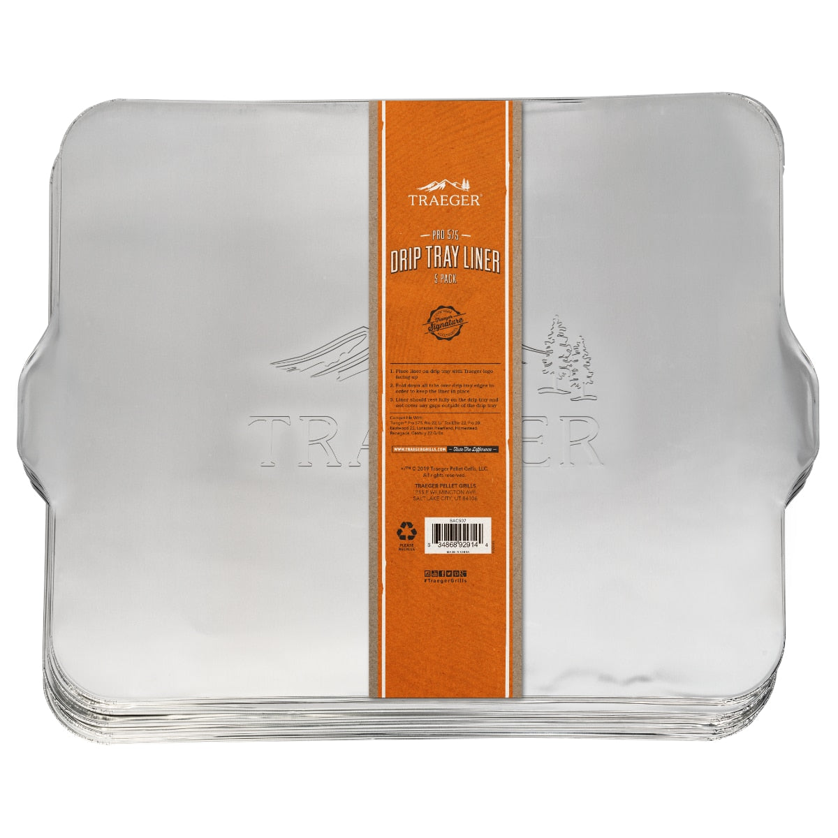 Traeger drip tray liners for PRO 575 grill, 5-pack, disposable aluminum trays for easy cleanup and grilling.