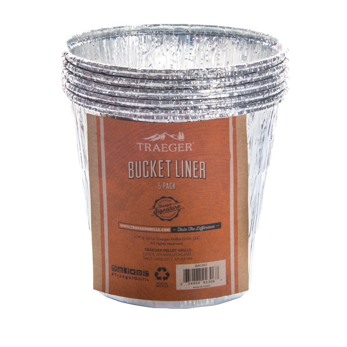 Five-pack of Traeger Bucket Liners for grilling and smoking, designed to catch drips and simplify cleanup.