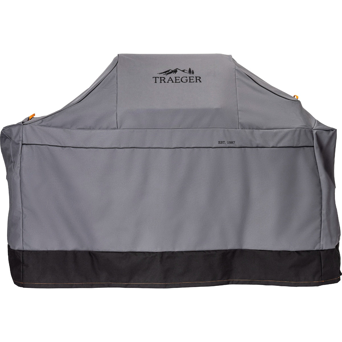 Traeger Ironwood full-length grill cover protecting a Traeger grill from the elements, made of durable weather-resistant material.