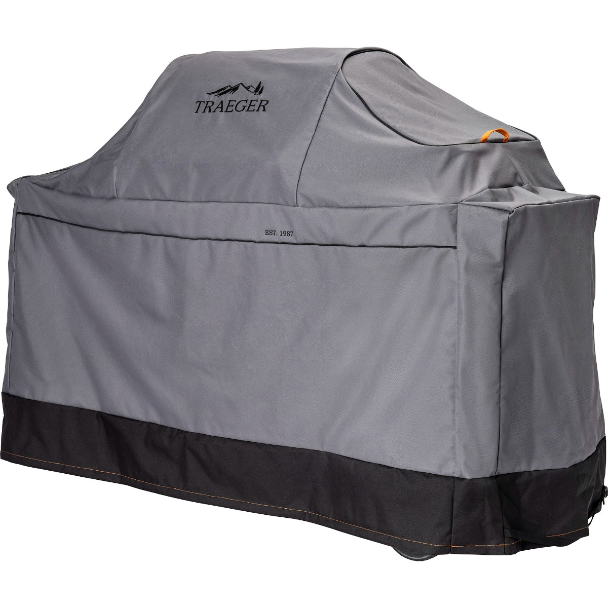 Traeger Ironwood XL full-length grill cover protecting the outdoor grill from weather and dust.