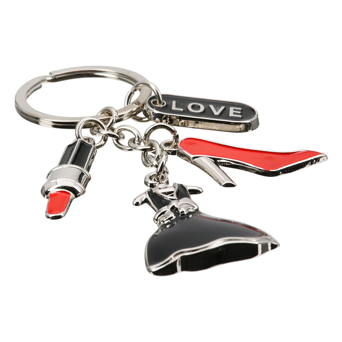 Gilde key ring featuring a lipstick, shoe, dress, and lady charm on a silver ring, stylish accessory for keys or bags.