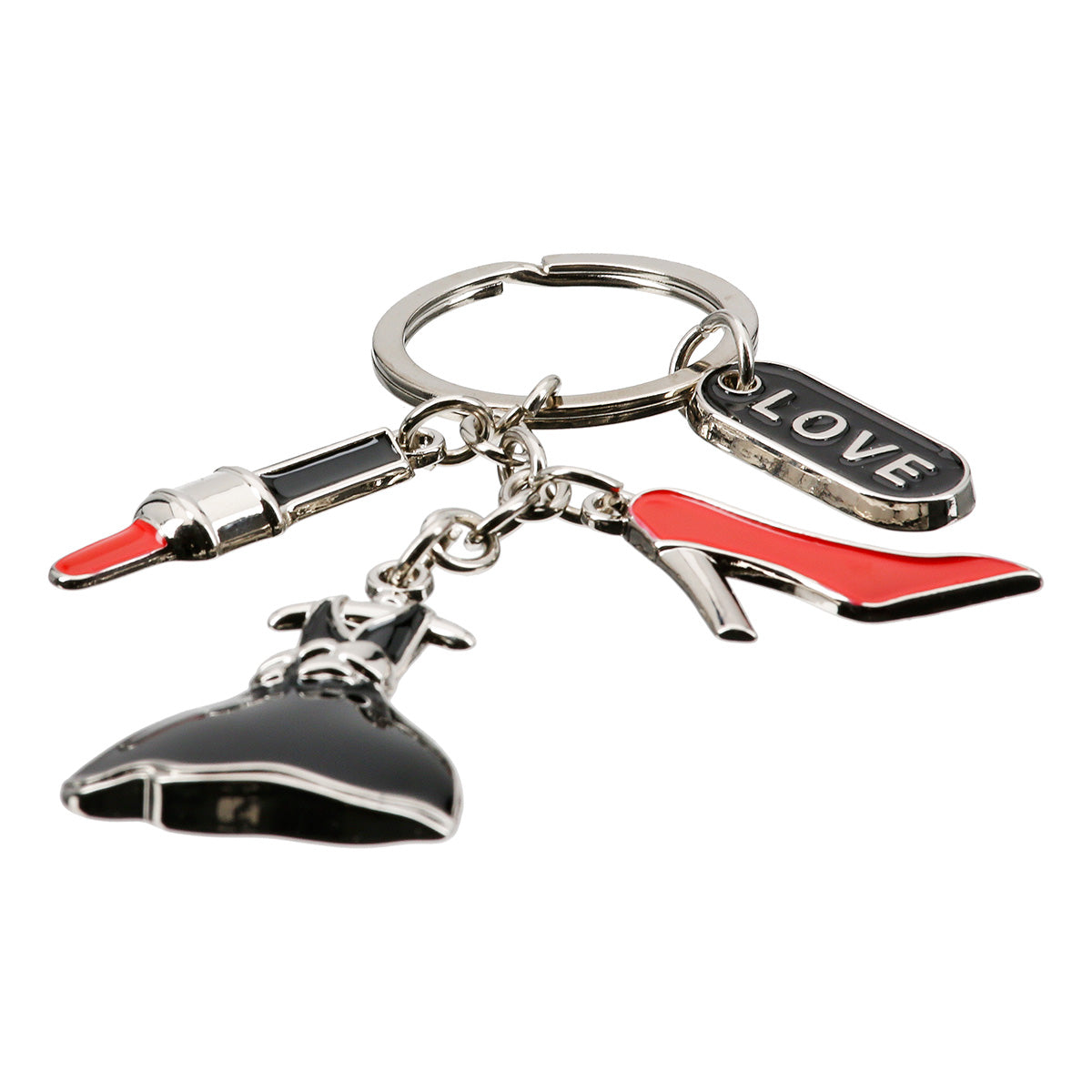 Gilde key ring featuring a miniature lipstick, shoe, and dress charms, designed for stylish accessories and key organization.
