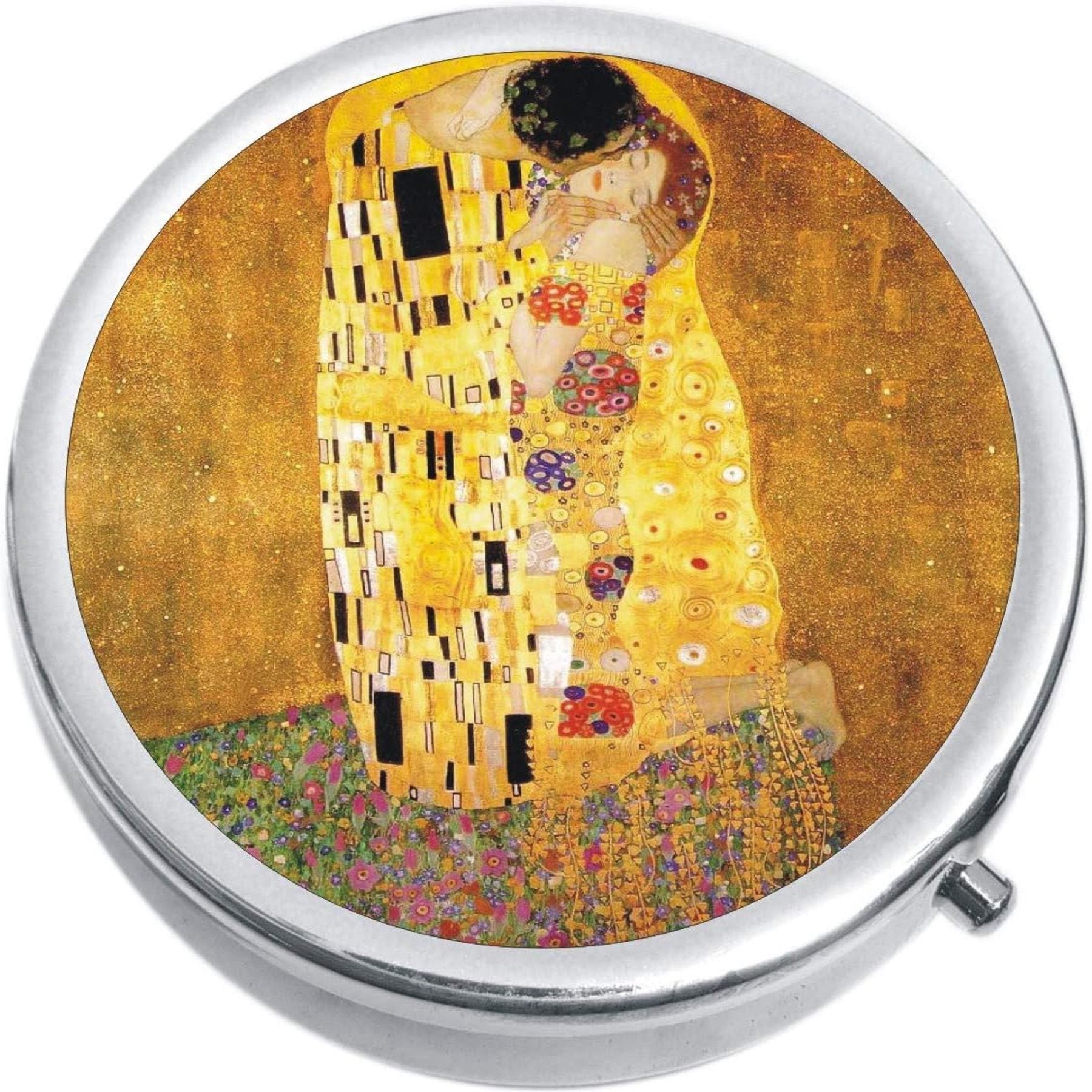 Goebel Pill Box Klimt The Kiss, ceramic compact with artwork inspired by Gustav Klimt, 5cm size, decorative and functional accessory.
