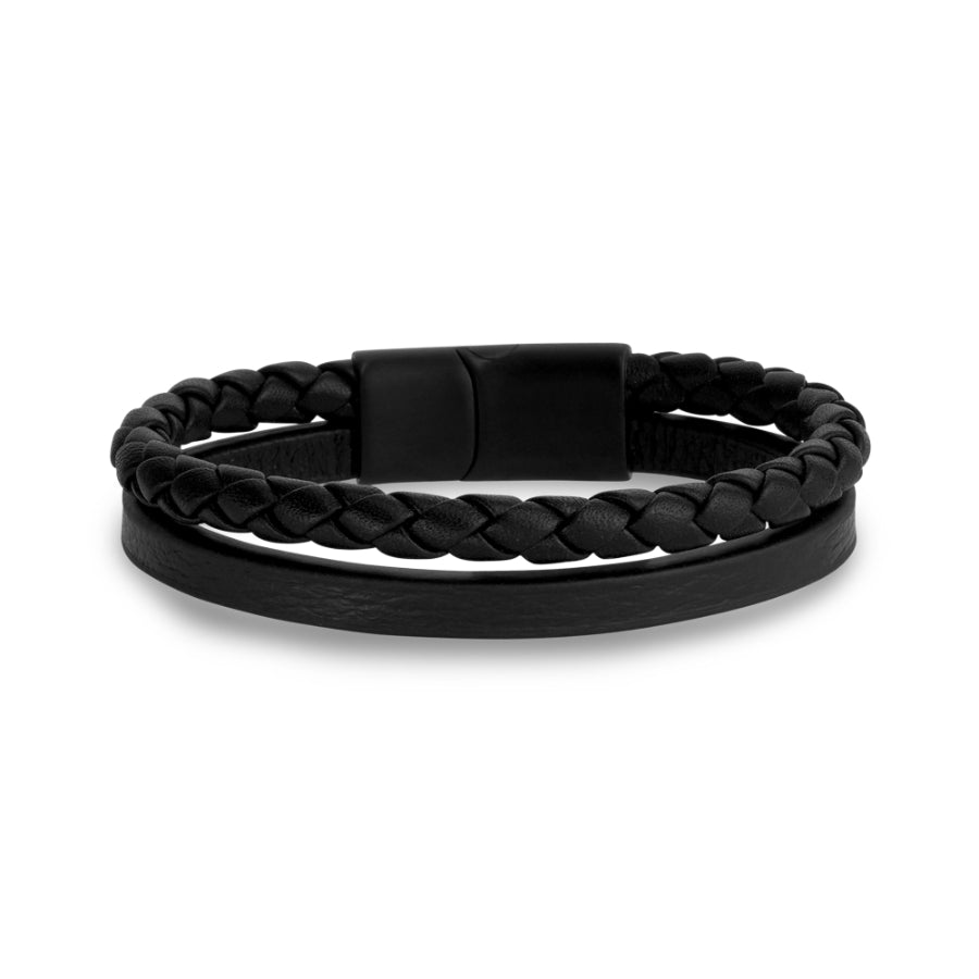 ARZ Steel black leather clasp double strand bracelet with silver accents, stylish jewelry accessory for men or women.