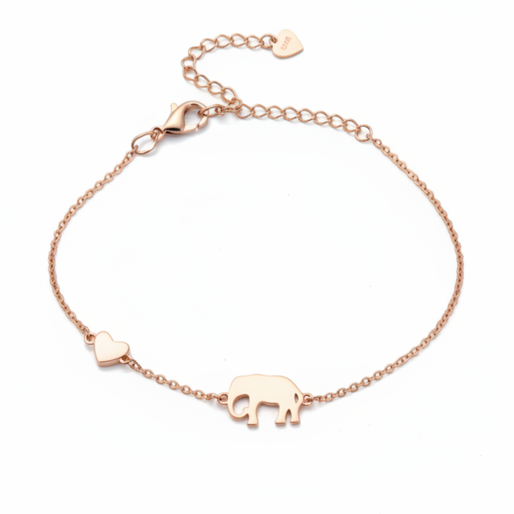Misu rose gold bracelet with elephant and heart charms, featuring intricate detailing and a delicate adjustable chain.