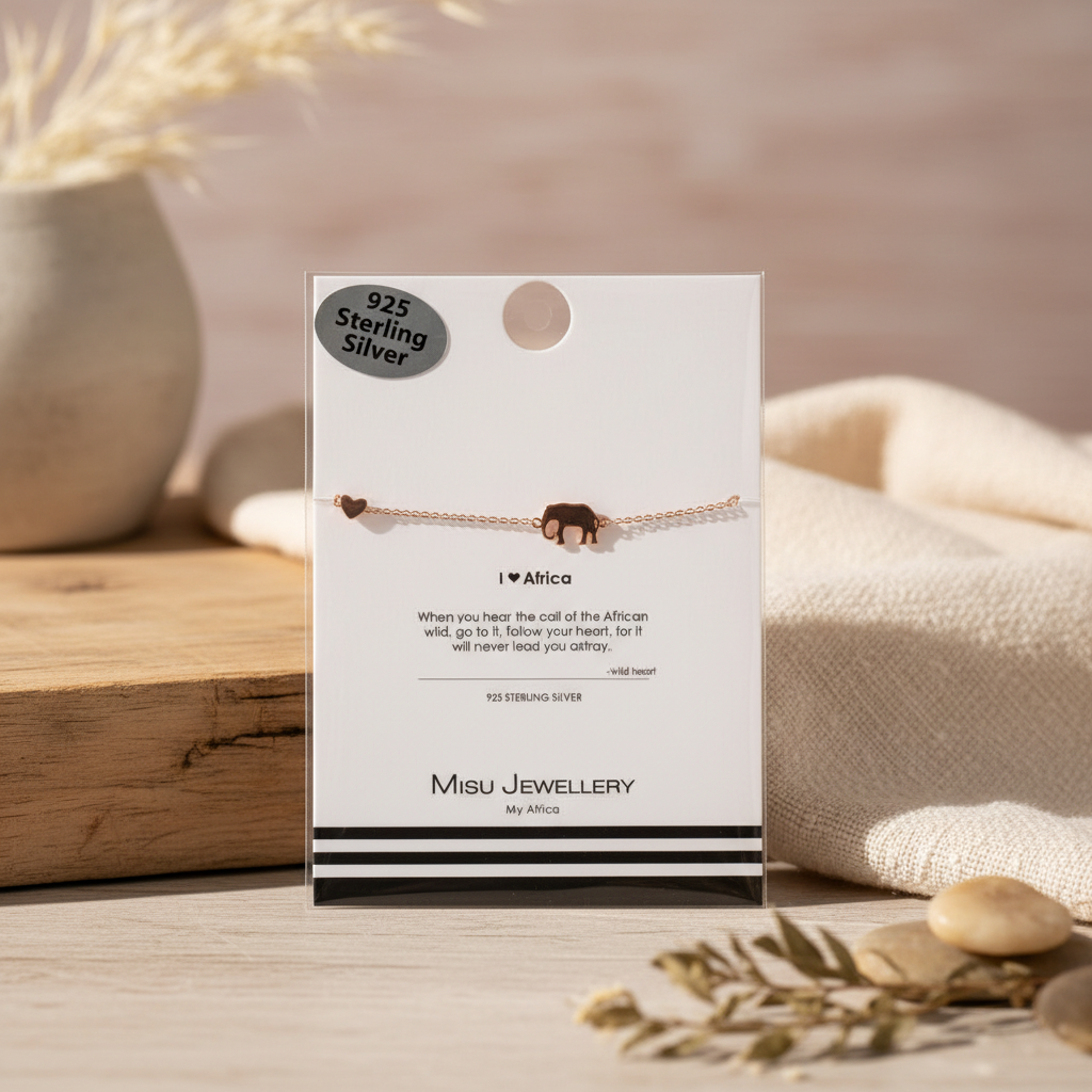 Misu rose gold bracelet featuring an elephant with a heart charm, delicate and stylish jewelry accessory.