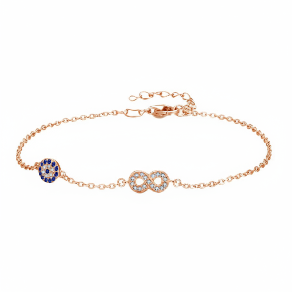 Misu sterling silver rose gold bracelet with evil eye and infinity charm, featuring intricate design and shiny finish.