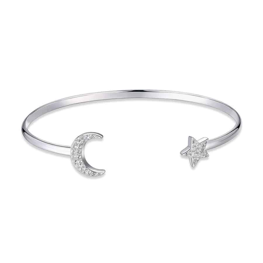 MISU 925 sterling silver bracelet cuff featuring moon and star designs, showcasing intricate craftsmanship and celestial motifs.