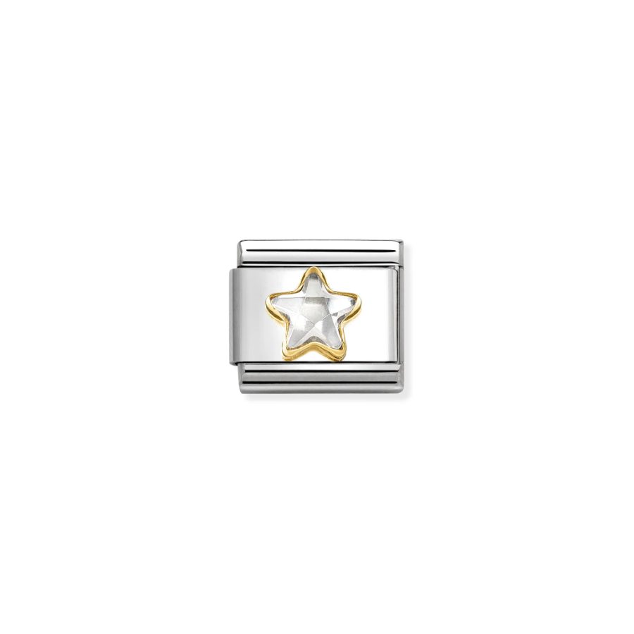 Nomination Composable white star pendant with faceted cubic zirconia set in 18k gold, showcasing a sparkling star design.