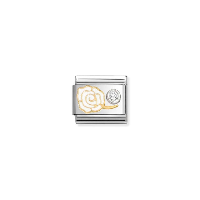 Nomination Composable white rose charm with yellow gold finish and CZ accents, designed for jewelry collection.